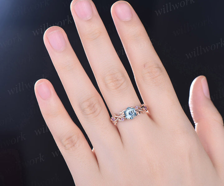Aquamarine ring vintage hexagon cut Aquamarine engagement ring 14k white gold leaf ring twisted wedding ring women March birthstone ring