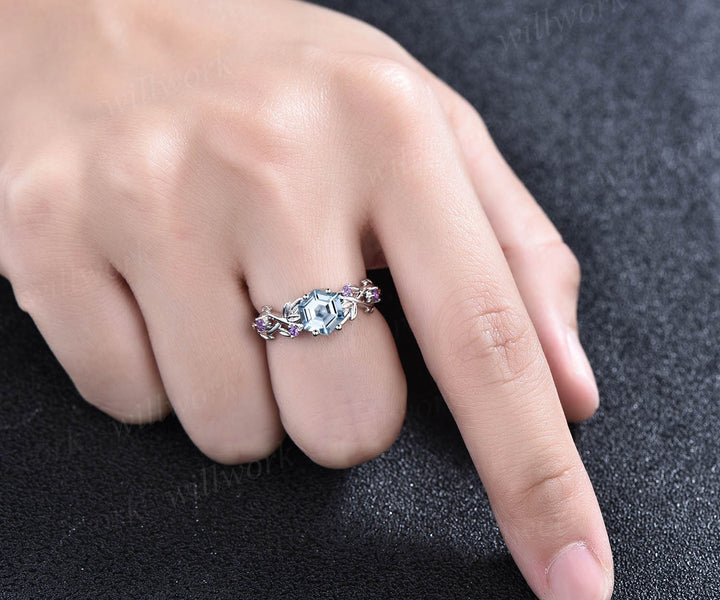 Aquamarine ring vintage hexagon cut Aquamarine engagement ring 14k white gold leaf ring twisted wedding ring women March birthstone ring