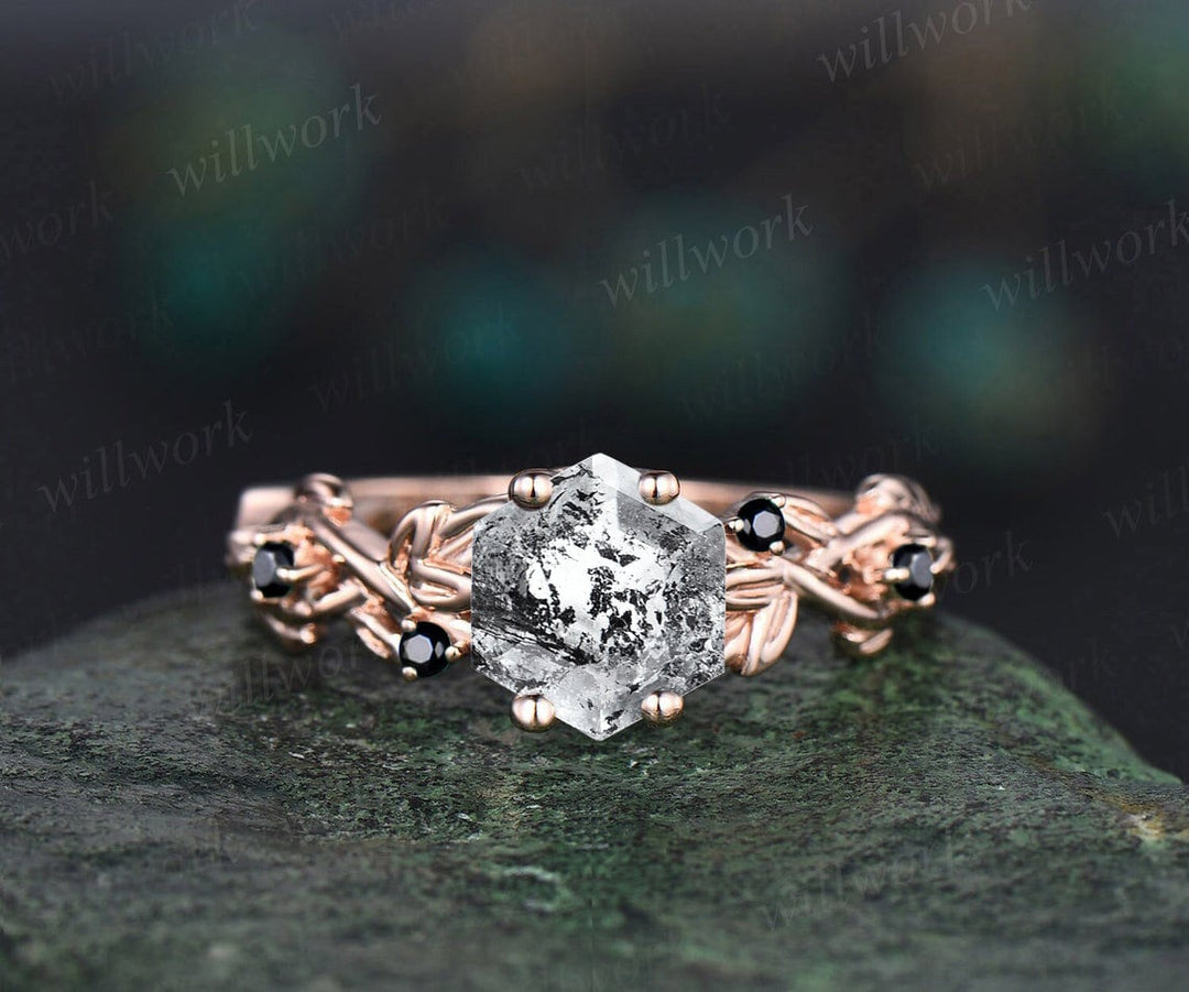 Vintage Natural herkimer diamond engagement ring hexagon cut white gold nature inspired black diamond ring women leaf twisted wedding ring