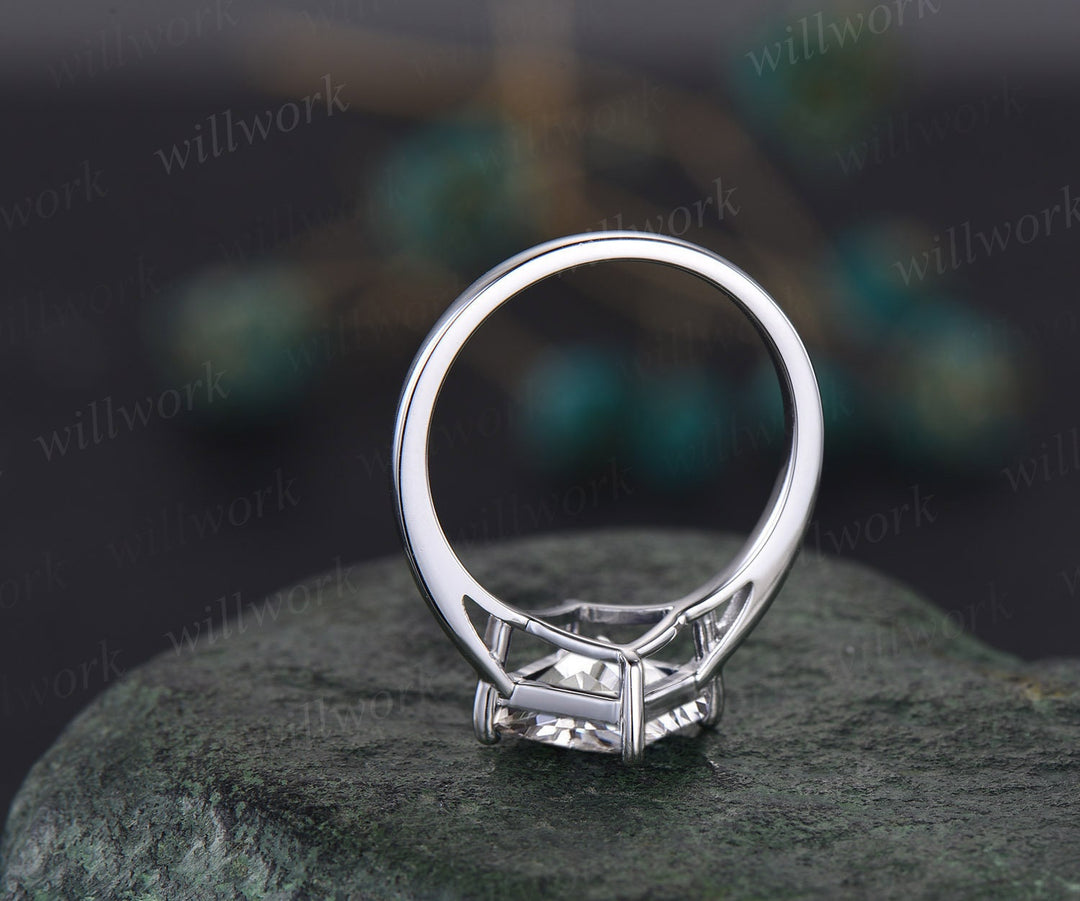 Princess cut Moissanite engagement ring set solid 14k white gold three stone Minimalist Solitaire unique anniversary bridal ring set women