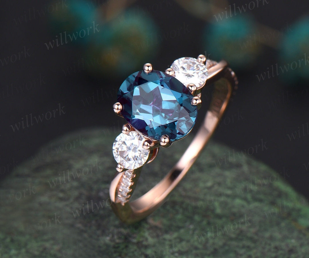 Vintage oval cut Alexandrite engagement ring solid 14k rose gold eternity twisted moissanite wedding promise bridal ring women fine jewelry