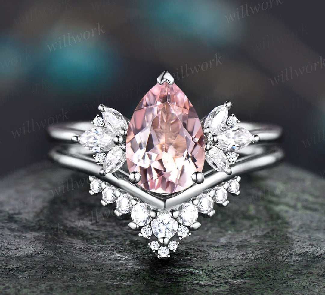 6x9mm Pear shaped Pink Morganite engagement ring art deco rose gold cluster diamond ring vintage stacking wedding bridal ring set women gift