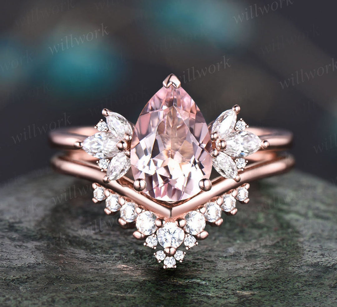 6x9mm Pear shaped Pink Morganite engagement ring art deco rose