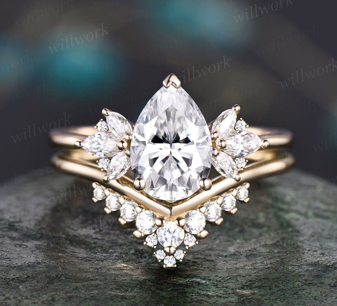 6x9mm Pear shaped moissanite engagement ring art deco 14k rose gold cluster diamond ring vintage unique wedding bridal ring set for women