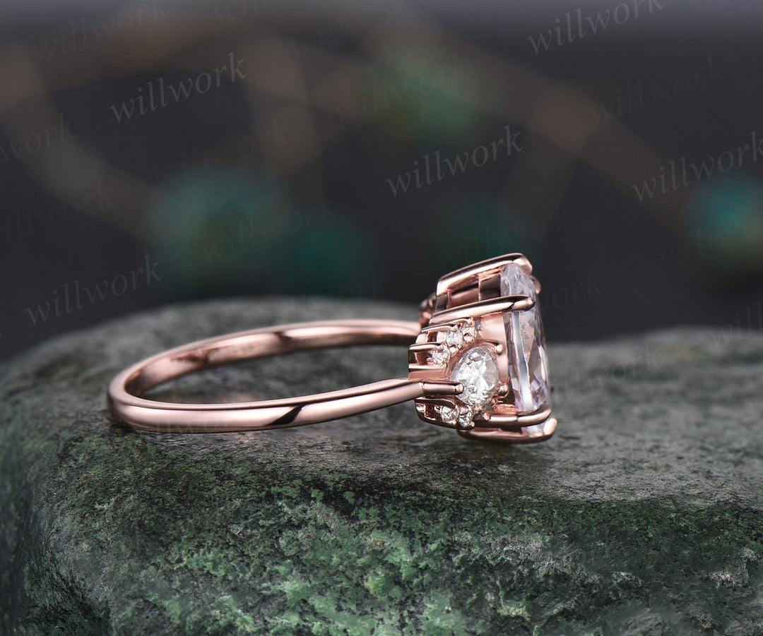 2ct oval cut Moissanite engagement ring solid 14k rose gold 6 prong cluster pear moissanite ring vintage promise wedding bridal ring women
