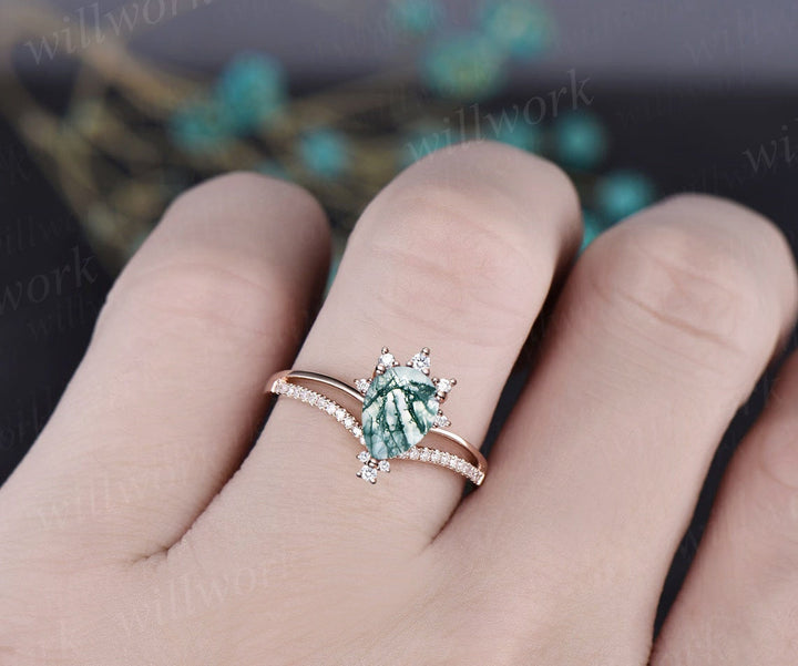 Vintage pear shaped moss agate engagement ring 14k rose gold half eternity cluster split shank diamond ring unique bridal ring women jewelry