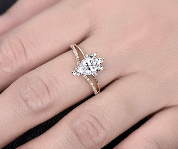 Vintage pear shaped moissanite engagement ring 14k rose gold half eternity cluster split shank diamond ring unique wedding ring women gift