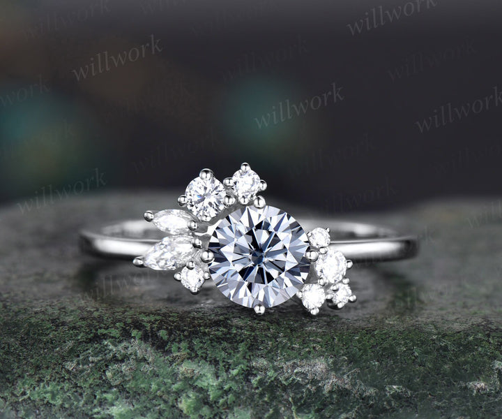 Vintage 1ct round gray moissanite engagement ring art deco dainty snowdrift cluster diamond ring solid 14k yellow gold bridal ring women