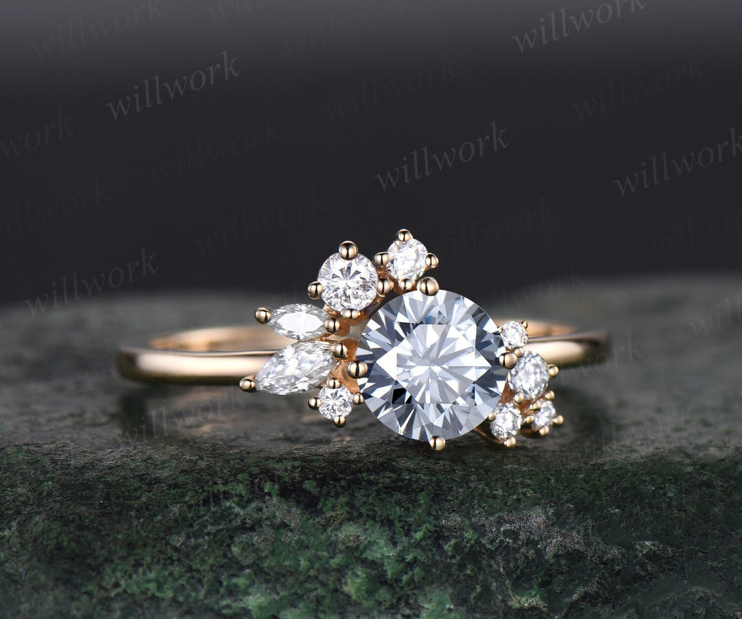 Vintage 1ct round gray moissanite engagement ring art deco dainty snowdrift cluster diamond ring solid 14k yellow gold bridal ring women