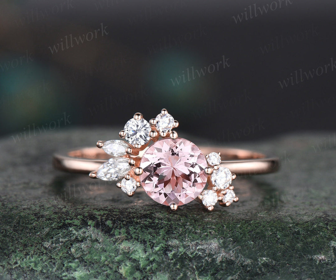 Vintage 1ct round pink morganite engagement ring art deco snowdrift cluster diamond ring solid 14k rose gold unique wedding ring women gift
