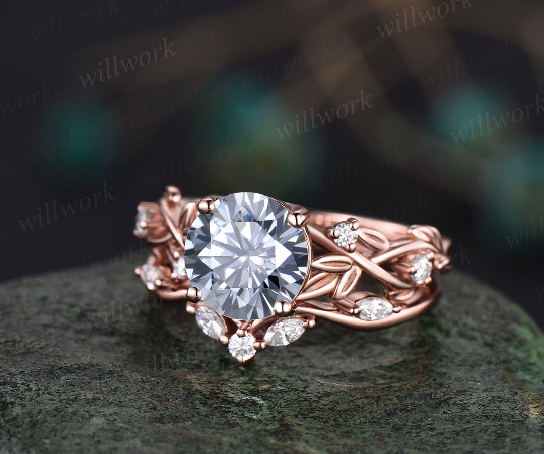 2ct Twig round gray moissanite engagement ring set 14k rose gold five stone leaf branch Nature inspired diamond bridal ring set for women
