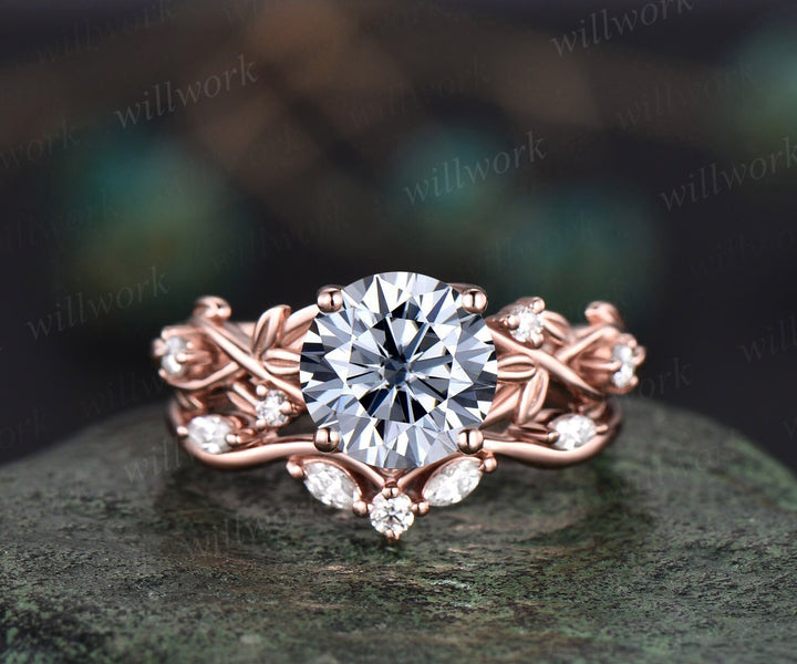 2ct Twig round gray moissanite engagement ring set 14k rose gold five stone leaf branch Nature inspired diamond bridal ring set for women
