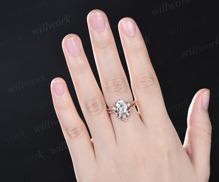 Vintage style 2ct oval moissanite engagement ring set rose gold three stone art deco cluster diamond wedding bridal ring set women jewelry