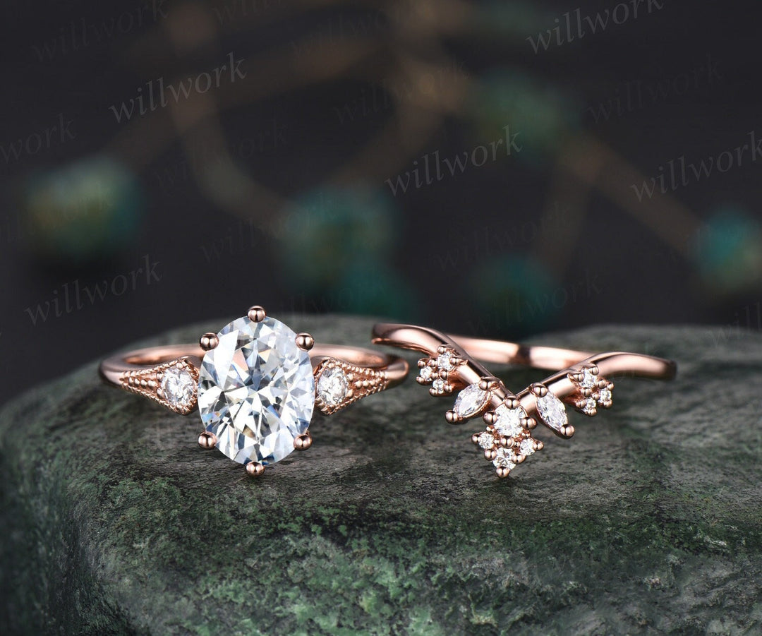 Moissanite & White Sapphire 18 K Rose Gold Filled Engagement Wedding Ring  Sets Diamond Milgrain Band Solitaire Diamond Ring Promise Rings Women Bridal  Jewelry