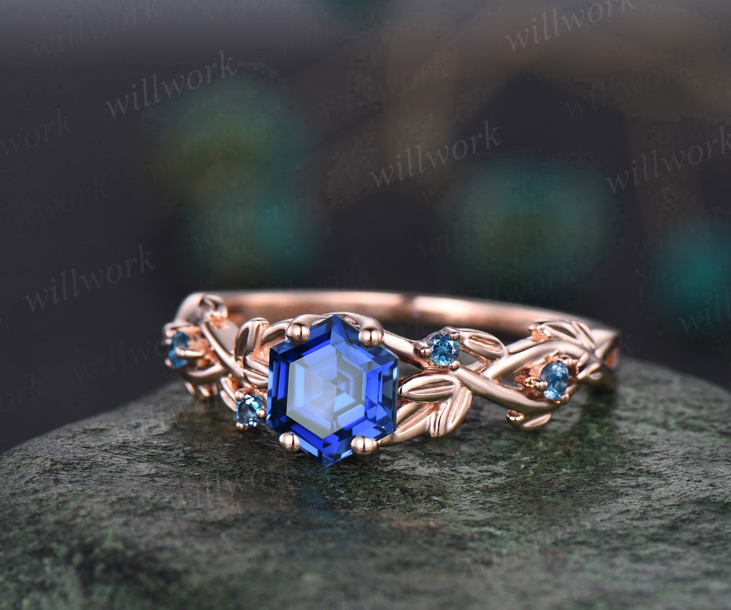 Vintage hexagon cut blue sapphire engagement ring white gold leaf