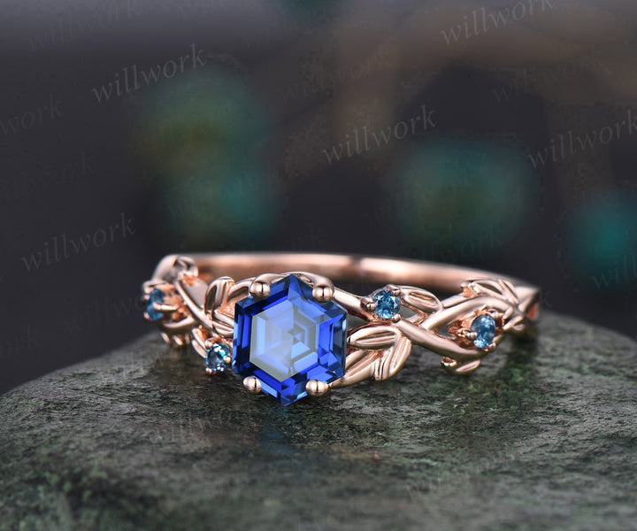 Vintage hexagon cut blue sapphire engagement ring white gold leaf five stone London blue topaz ring women twig nature inspired wedding ring