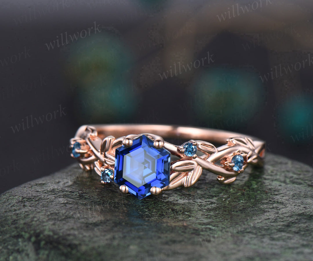 Hexagon cut blue sapphire ring vintage rose gold five stone leaf nature inspired engagement ring twig opal ring women anniversary gift
