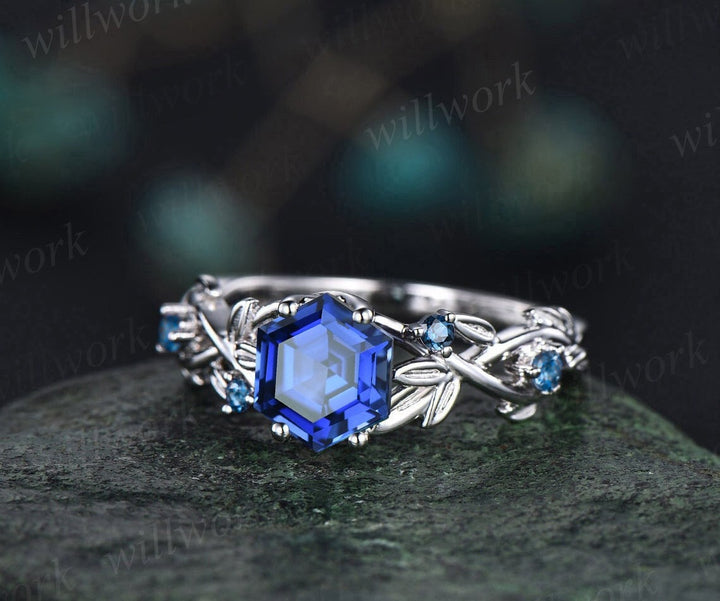 Vintage hexagon cut blue sapphire engagement ring white gold leaf five stone London blue topaz ring women twig nature inspired wedding ring