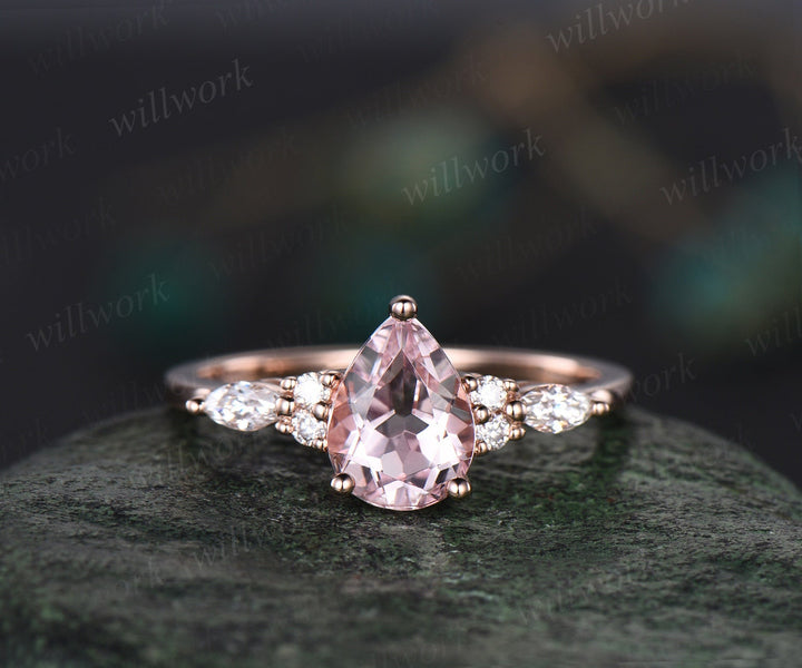 Vintage pear shaped pink morganite engagement ring set 14k rose gold marquise cut dainty diamond ring unique bridal wedding ring set women