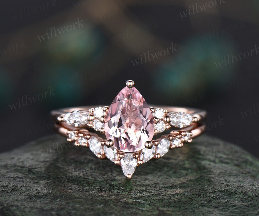 Vintage pear shaped pink morganite engagement ring set 14k rose