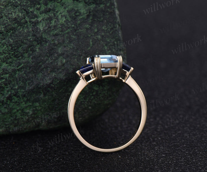 Vintage emerald cut aquamarine engagement ring 14k yellow gold three stone Trilliant cut sapphire ring women blue gemstone ring Fine jewelry