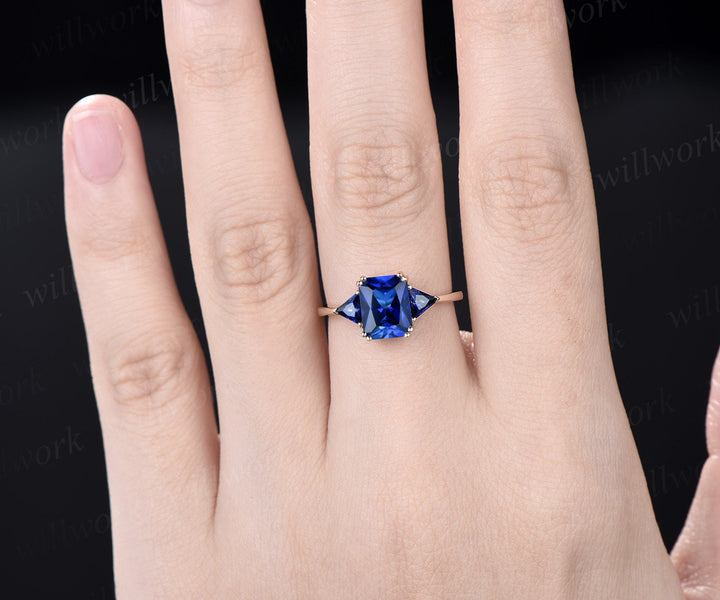 Radiant cut sapphire ring vintage three stone Trillion cut sapphire ring 14k yellow gold unique engagement ring women promise ring for her