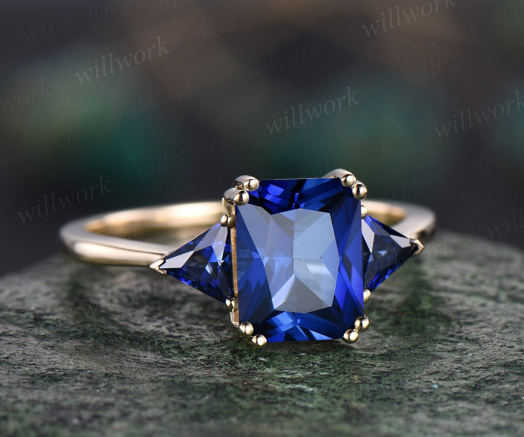 Radiant cut sapphire ring vintage three stone Trillion cut sapphire ring 14k yellow gold unique engagement ring women promise ring for her