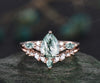 Vintage pear shaped green moss agate engagement ring set 14k rose gold art deco dainty diamond ring unique bridal wedding ring set women