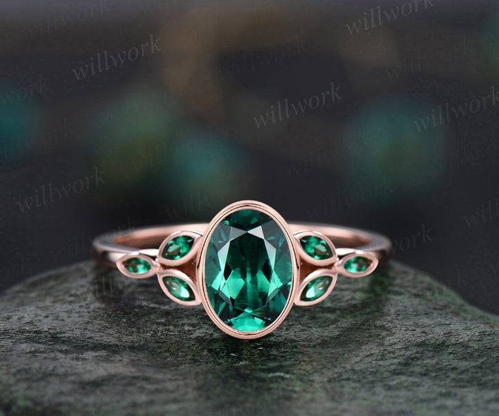 Vintage bezel oval green emerald engagement ring Marquise cut emerald ring solid 14k rose gold antique gemstone ring women fine jewelry gift