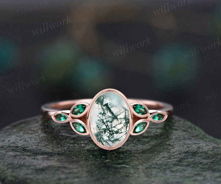 Vintage bezel oval moss agate engagement ring Marquise cut emerald ring solid 14k rose gold antique green gemstone ring women fine jewelry