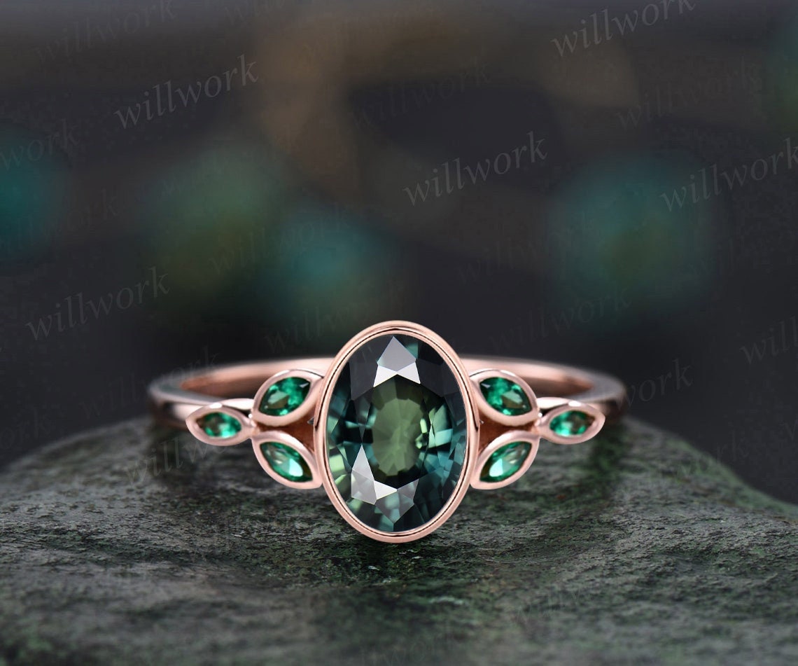 Vintage bezel oval green sapphire engagement ring art deco emerald ring  women solid 14k rose gold antique green gemstone ring fine jewelry