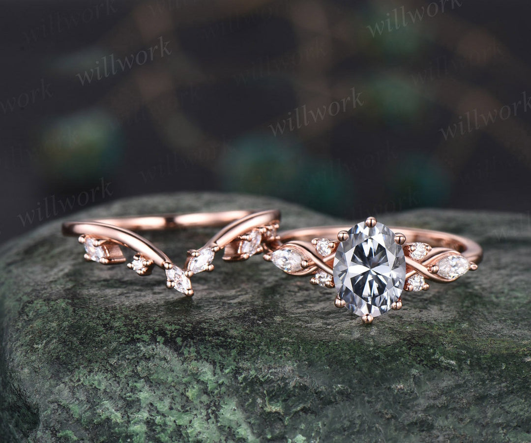 Vintage oval cut gray moissanite engagement ring set 14k rose gold marquise cut diamond ring women unique promise  bridal wedding ring set
