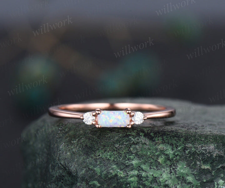 Minimalist opal ring rose gold three stone Baguette cut opal ring dainty moissanite ring engagement ring Personalized ring gemstone gift