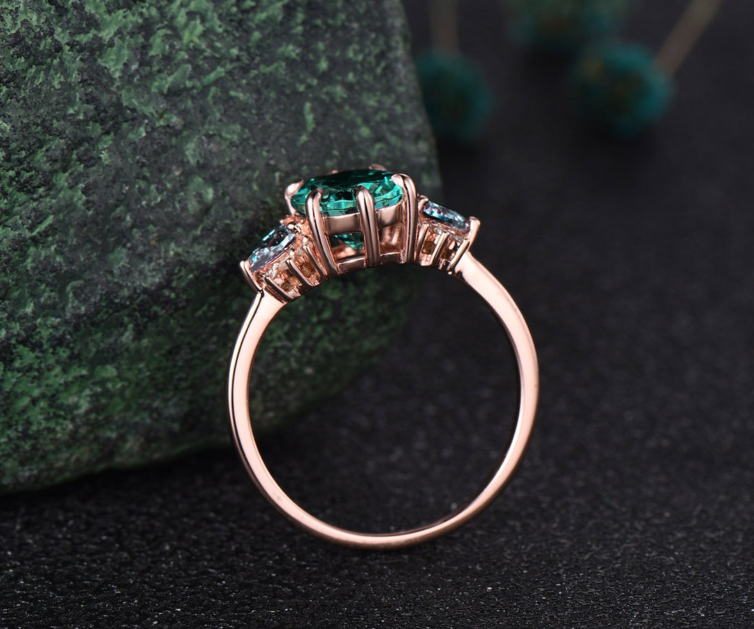 Vintage oval cut emerald engagement ring pear alexandrite ring cluster moissanite ring solid 14k rose gold gemstone ring women fine jewelry