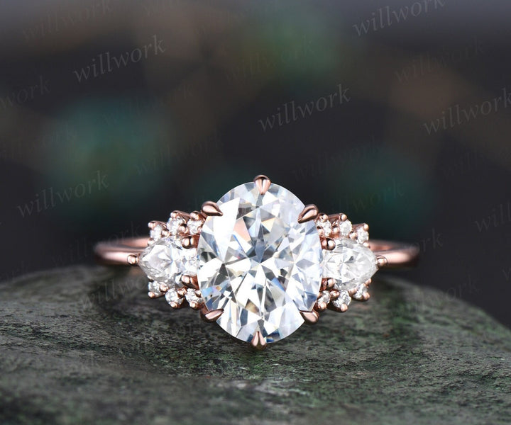 2ct oval cut Moissanite engagement ring solid 14k rose gold 6 prong cluster pear moissanite ring vintage promise wedding bridal ring women