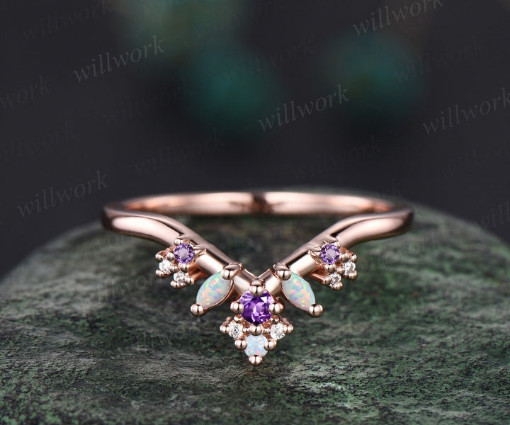 Curved opal wedding band solid 14k rose gold vintage snowdrift amethyst moissanite wedding ring band women stacking anniversary ring gift