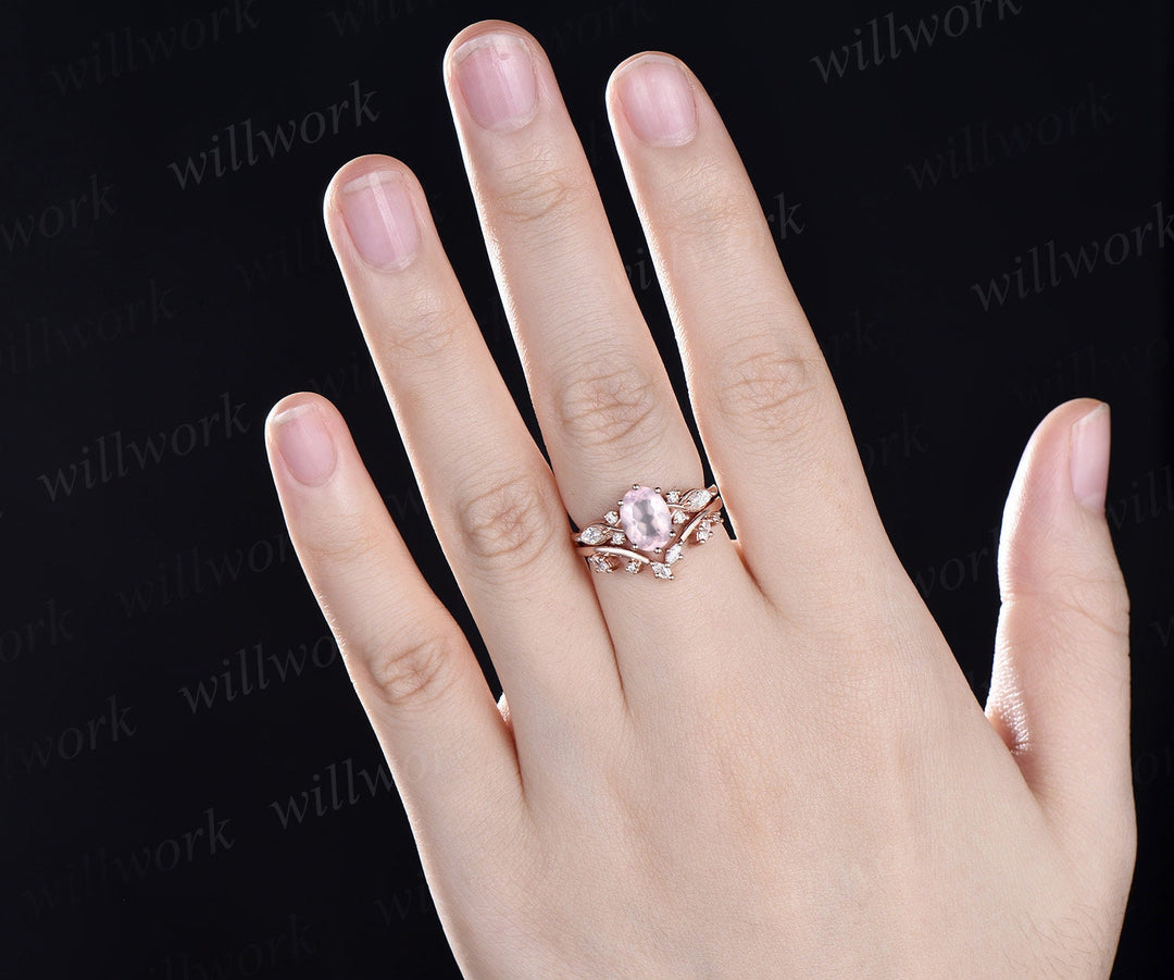 Oval rose quartz ring rose gold 6 prong art deco cluster unique engagement ring women antqiue diamond ring vintage dainty crystal ring gift