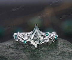 Twig moss agate ring vintage kite cut moss agate engagement ring nature inspired white gold ring leaf emerald ring women unique wedding ring