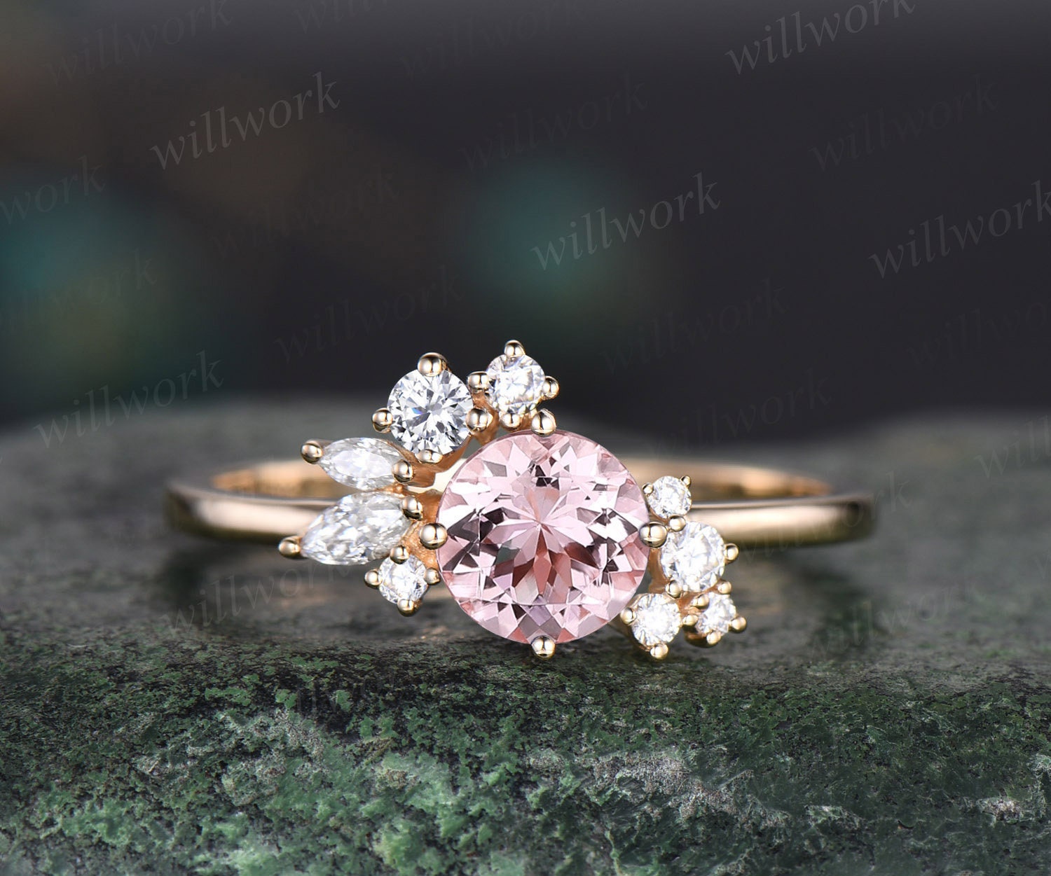 14K Solid Gold Pink Cover Gemstone Solitaire 2024 Ring, Art Deco Engagement Ring, Vintage Wedding Ring