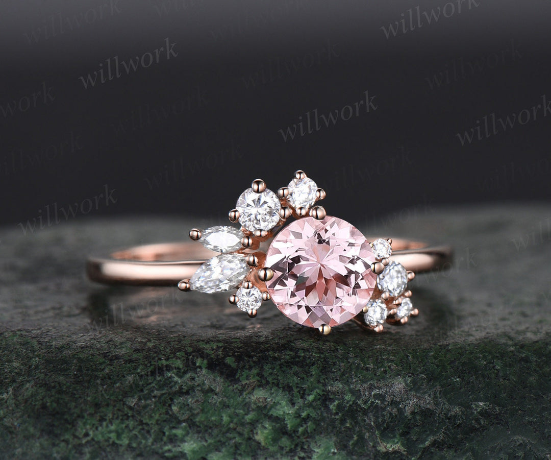 Vintage 1ct round pink morganite engagement ring art deco snowdrift cluster diamond ring solid 14k rose gold unique wedding ring women gift