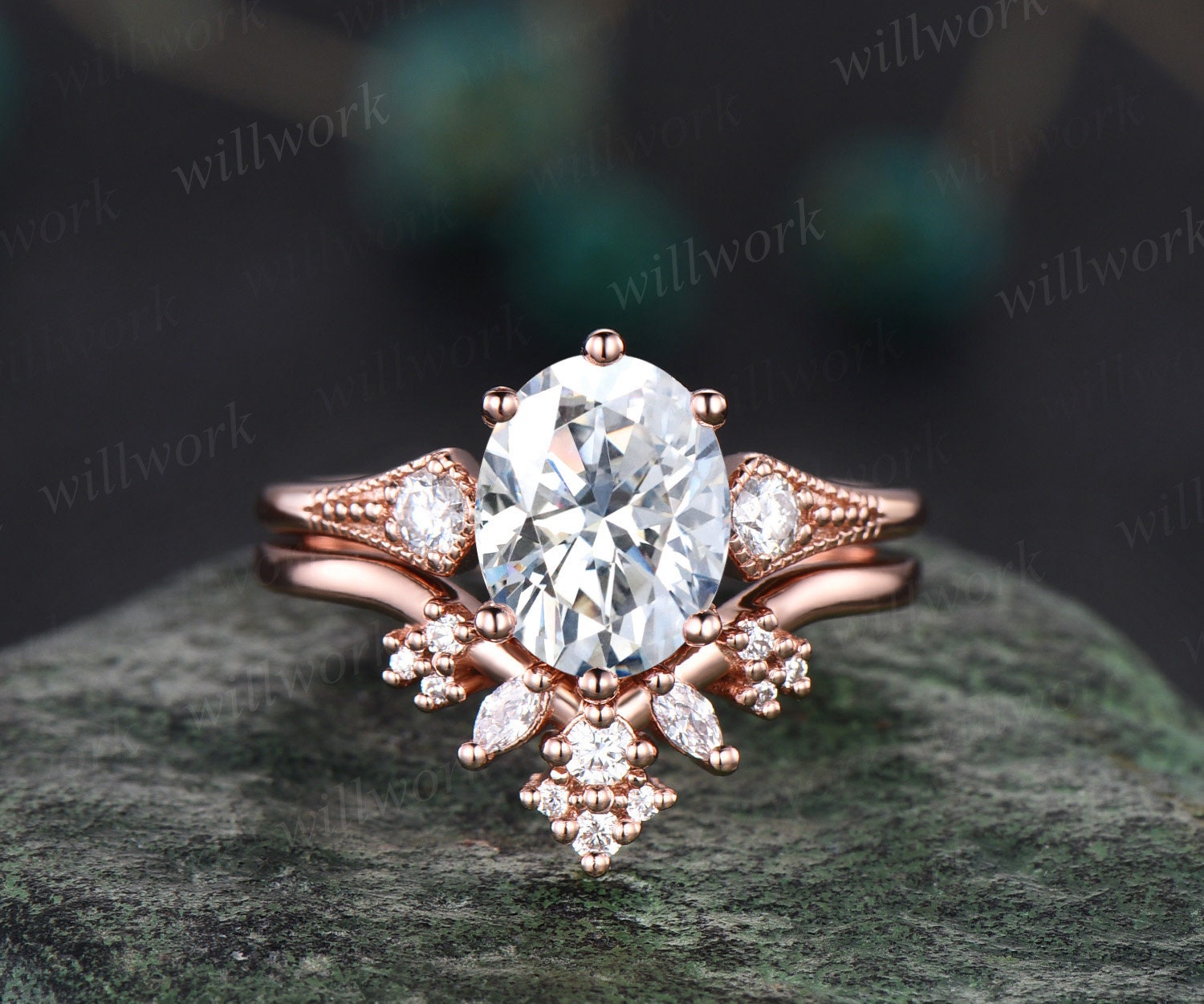 2.20 CT Oval Moissanite Rose Gold Engagement Ring Set, Moissanite Silver Unique Ring Set, Simulated Oval Ring Set, retailer V Shape Diamond Ring Set