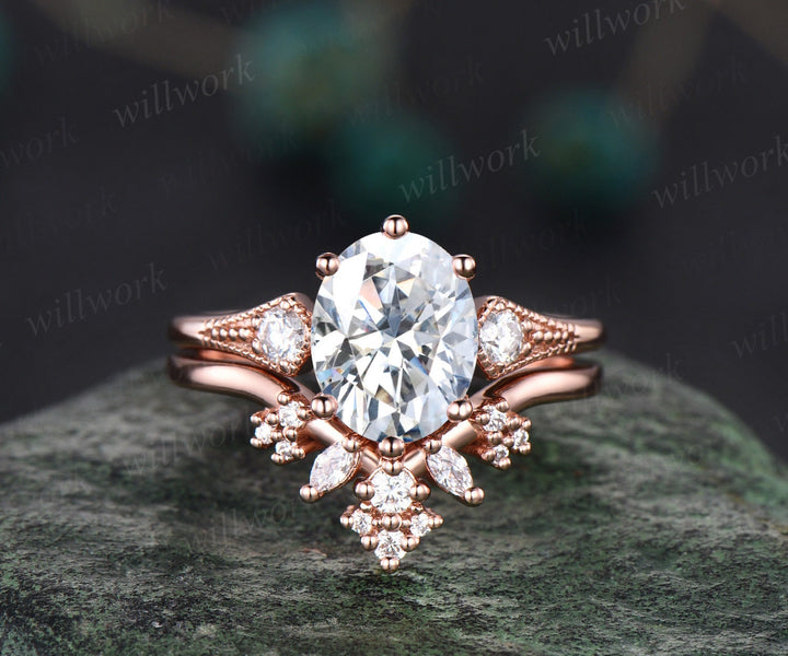Vintage style 2ct oval moissanite engagement ring set rose gold three stone art deco cluster diamond wedding bridal ring set women jewelry