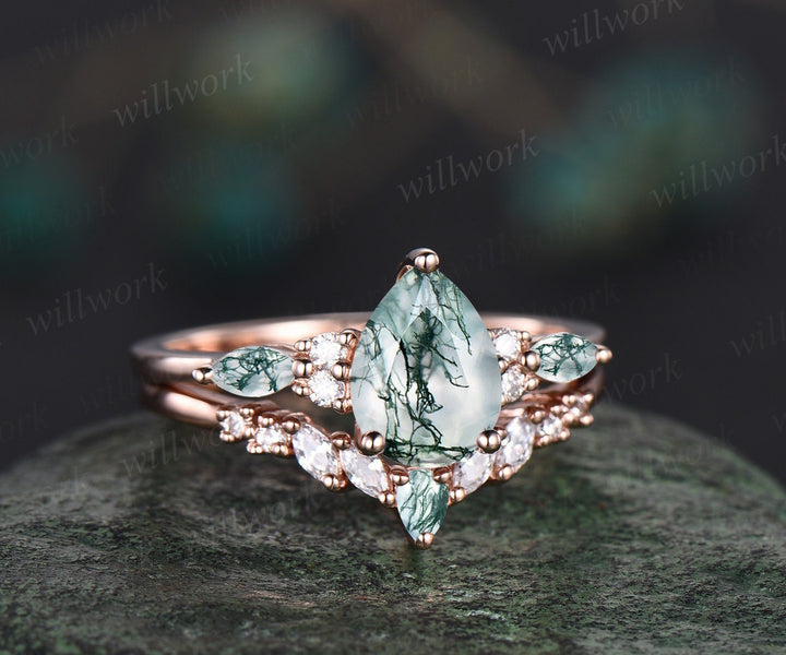 Vintage pear shaped green moss agate engagement ring set 14k rose gold art deco dainty diamond ring unique bridal wedding ring set women