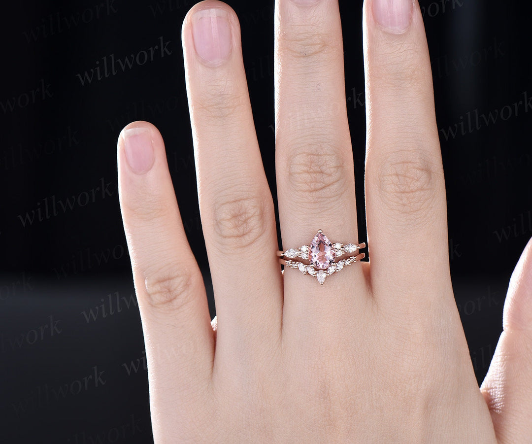 Vintage pear shaped pink morganite engagement ring set 14k rose gold marquise cut dainty diamond ring unique bridal wedding ring set women