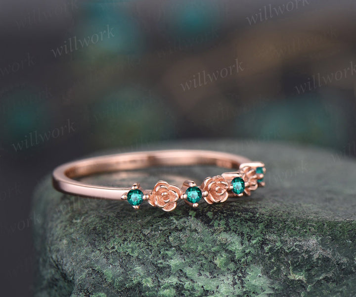 Dainty flower emerald wedding band solid 14k rose gold stacking unique vintage wedding ring band for women gemstone anniversary ring gift