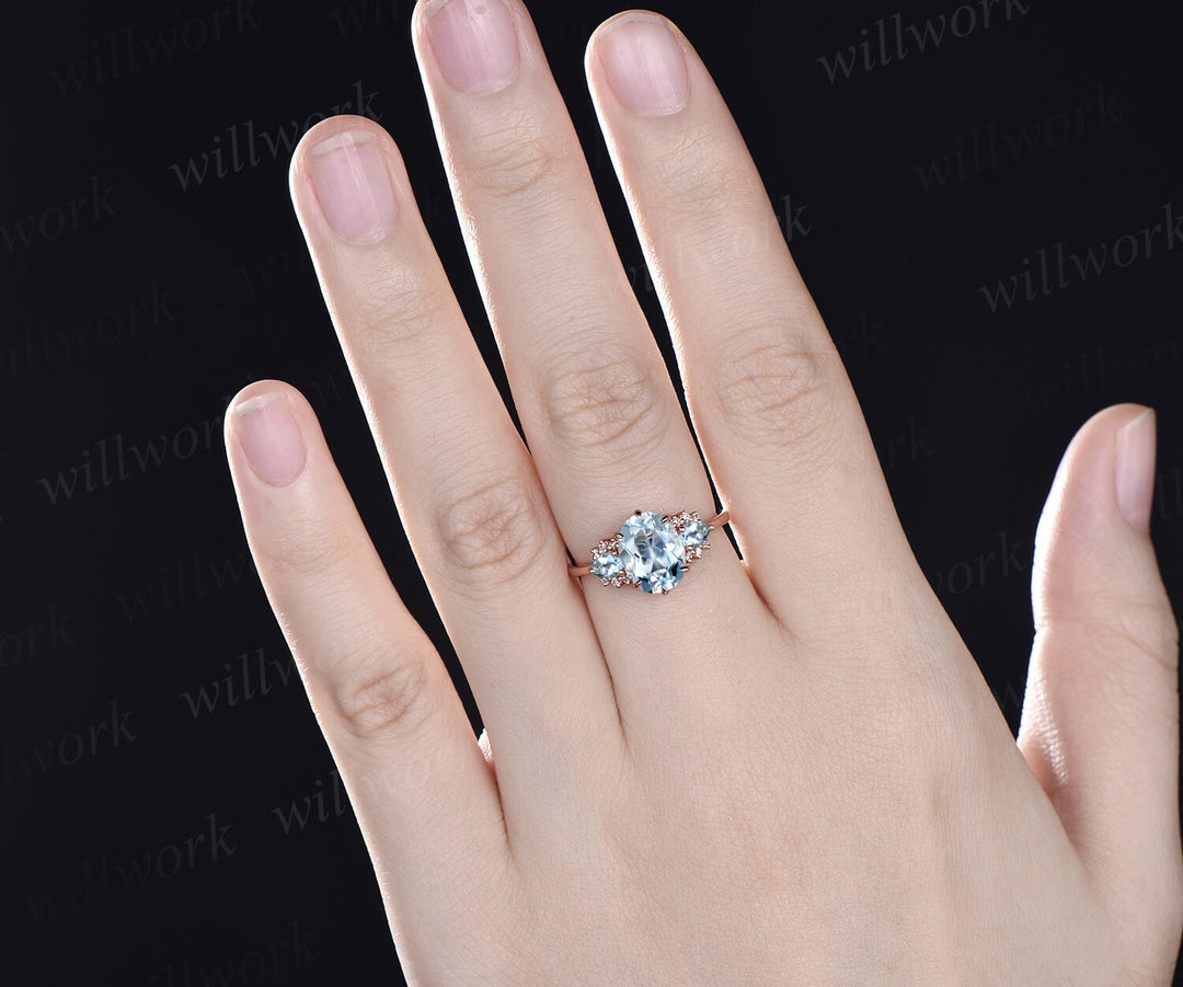 Vintage 2ct oval Aquamarine engagement ring pear Aquamarine ring cluster diamond ring solid 14k rose gold gemstone ring women fine jewelry