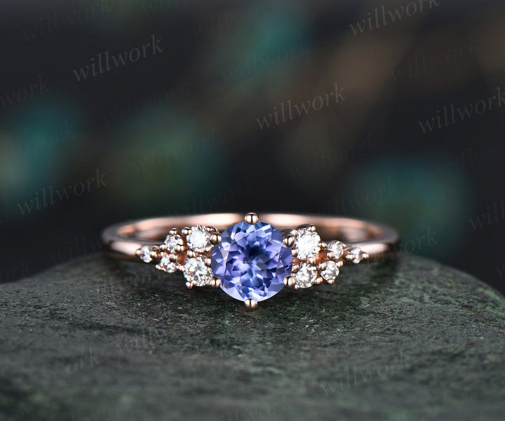 Round natural blue tanzanite ring vintage unique engagement ring 14k white gold 6 prong snowdrift diamond anniversary wedding ring for women