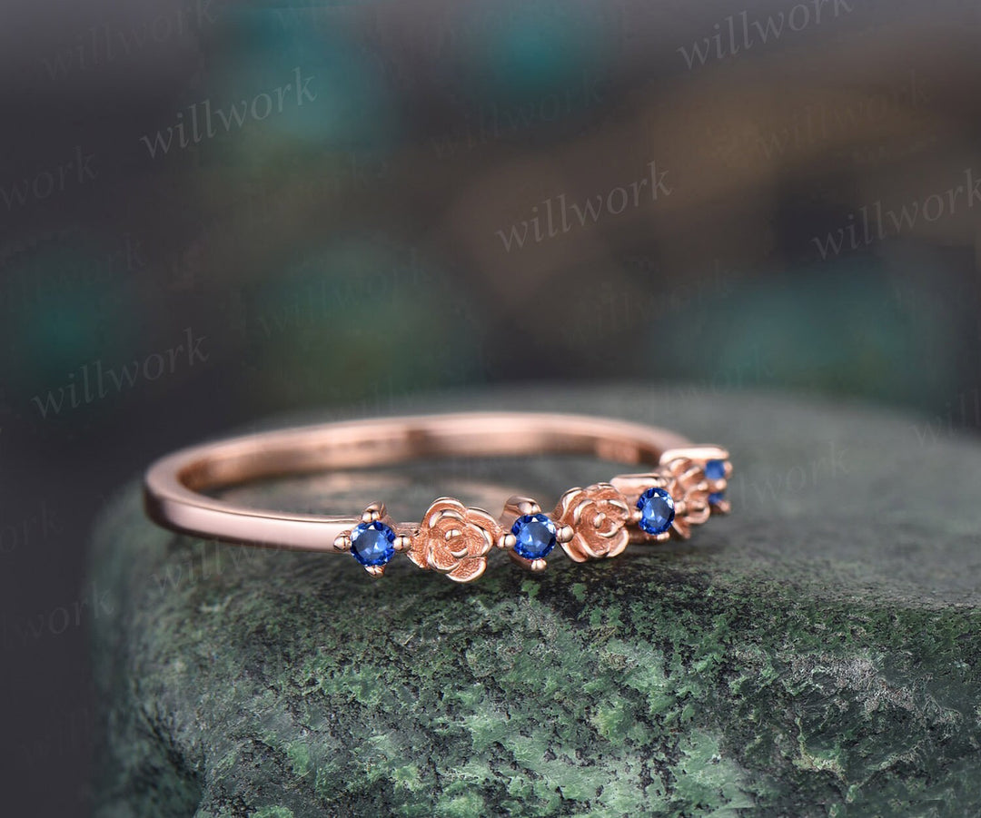 Dainty flower natural sapphire wedding band solid 14k rose gold stacking unique vintage wedding ring band for women anniversary ring gift