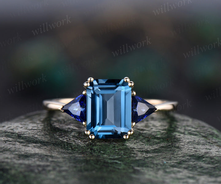 Emerald cut London blue topaz ring gold three stone Trilliant cut sapphire ring unique engagement ring 8 prong promise wedding ring women