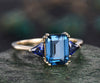 Emerald cut London blue topaz ring gold three stone Trilliant cut sapphire ring unique engagement ring 8 prong promise wedding ring women